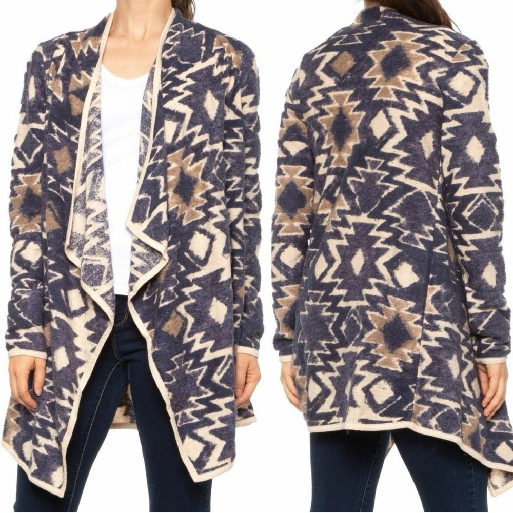 Lucky Brand Aztec Tribal Print Open Front Cardigan Sweater in a Blue and Cream